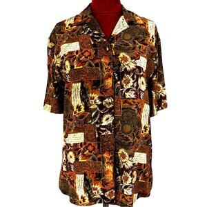 Vintage short sleeve blouse top 100% silk brown gold maroon shirt by TESS size S